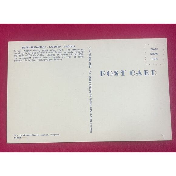 Postcard‎ - Britt’s Restaurant- Tazewell, Virginia Unposted - Picture 2 of 2